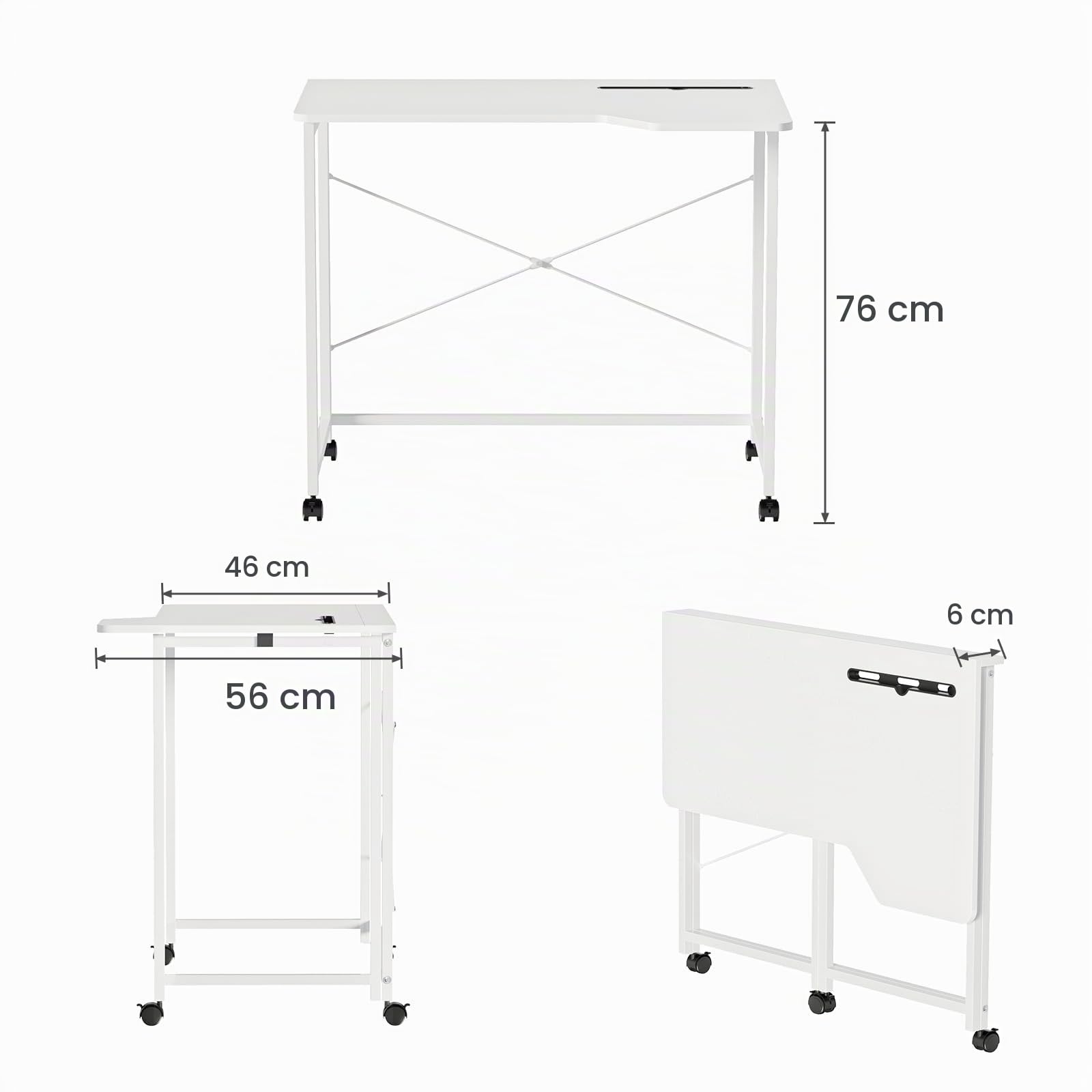 Schreibtisch klappbar mit Tablet Steckplatz, Mobiler Computertisch mit 4 Rollen, Faltbar PC Tisch Bürotisch für Home Office 90x56x75cm, Klappschreibtisch Holz Weiß
