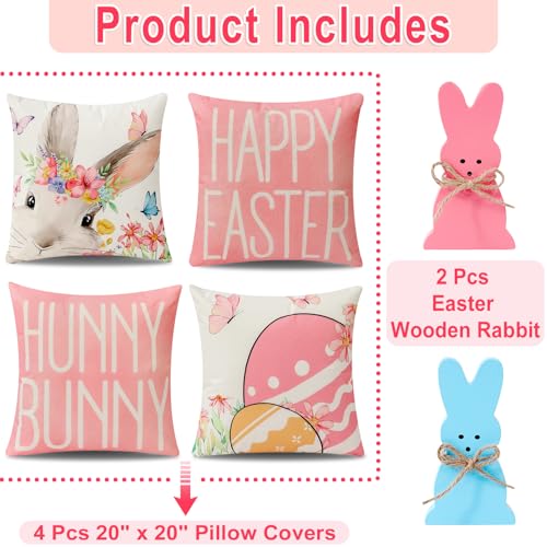 Image of multiwins 8-Sided Easter Pillow Covers Set of 4 with 2 Wooden Bunny Decorations, 20 x 20 Inch Reversible Decor with Bunny, Floral Eggs & inchHe is Risen inch Prints for Indoor /Outdoor, Spring Holiday Decor
