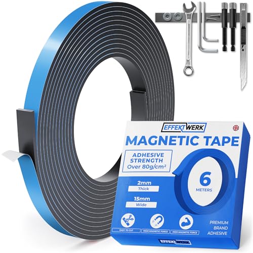 EffektWerk - Magnetic Tape Roll - 6 Metre Long, 15 mm Wide - Extra Thick & Wide Magnetic Strips w/Strong Self-Adhesive Backing - Easy to Cut & Stick to Flat Surfaces