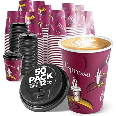 12oz Burgundy Design Paper Cups with Black Lids (50 Pack) Cover