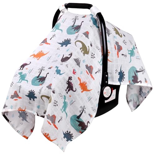 Image of Rquite Muslin Car Seat Cover Baby, Carseat Covers Baby Boy Girl, Breathable Lightweight Infant Car Seat Cover, Baby Carrier Cover Car Seat Canopy Stroller Sun Shade for Summer & Hot Day, Universal Fit