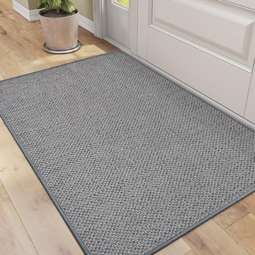 DEXI Indoor Door Mat 44 x 76 cm, Non Slip Rubber Backing, Low Profile Dirt Trapping Doormat for Entrance Patio, Pets, Grey