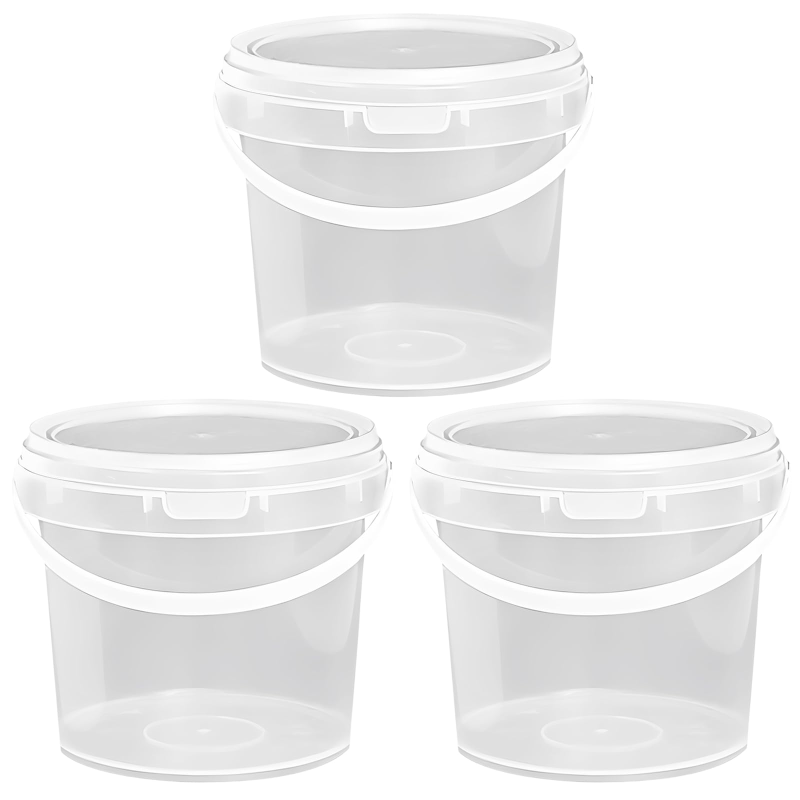 Packool 3PCS Clear Plastic Buckets, 1.5 L Food Storage Container, Stackable Pail for Paint, Water, Craft Supplies, 1.5 Qt with Handle and Lid, Home Kitchen or Garage Organization (3)
