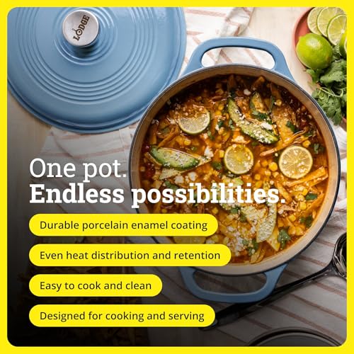 Image of Lodge 3 Quart Enameled Cast Iron Dutch Oven with Lid - Dual Handles - Oven Safe up to 500 F or on Stovetop - Use to Marinate, Cook, Bake, Refrigerate and Serve - Storm Blue