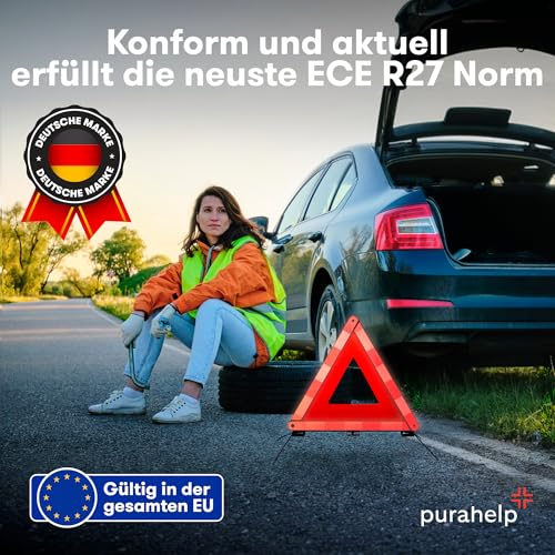 PURAHELP® Warndreieck KFZ Faltbar [Norm 2026 ECE R27] - Bis zu 250m sichtbar - Pannendreieck Auto Kompakt & Klappbar - Sicheres Verkehrspannen Dreieck nach EU Norm (StVO konform)