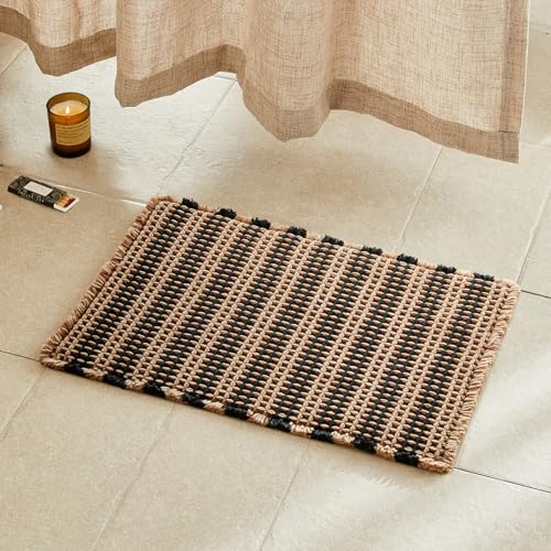 TYUU Waffle Bath Mat Boho Bathroom Rugs Non Slip Washable Super Absorbent Quick Dry Bath Mat Farmhouse Bathroom Decor 24x16 Black and Khaki