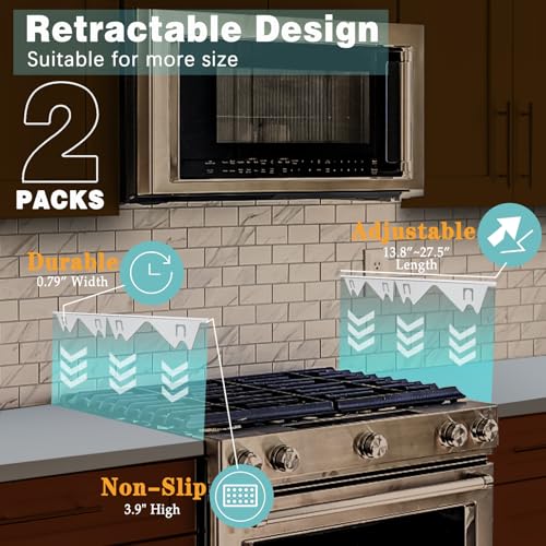 Image of Stove Gap Covers Stainless Steel, 2 Pack Stove Gap Filler Easy Retractable Length 13.8 inch to 27.5 inch, Width 0.79 inch ALMCALS Stove Gap Guards Range Trim Kit, Heat Resistant Guard Between Stove Top & Counter