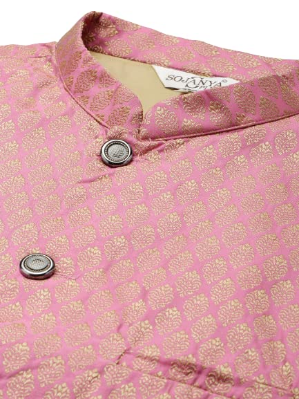 Image of SOJANYA (Since 1958) Men's Silk Blend Dark Green Kurta & Silk Blend Nehrujacket With Off White Churidar Pyjama Set