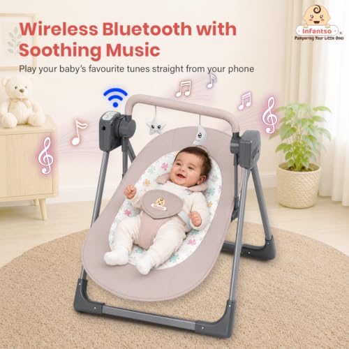 Image of Infantso Automatic Baby Swing with 5 Point Safety Harness, Adjustable Swing for Baby 0-2 Years with Bluetooth & Remote Control, 5-Speeds, Mosquito Net, Soothing Music, Free Cushion