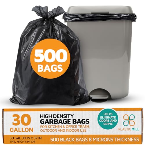 PlasticMill Heavy Duty Trash Bags - Black Garbage Bags - Plastic Trash Bags - Kitchen, Bathroom, Office Garbage Bags, Trash Can Liners - 20-30 Gallon, 8 Microns, 30