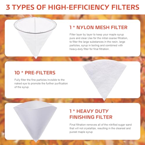 Image of 12 Pcs Maple Syrup Filters Set, 1Qt Reusable Premium Food Grade Filters | Include (1) Heavy Duty Boiling Filter (10) Pre Filters for Sap Collection and (1) Nylon Mesh Filter - (Cone Shape)