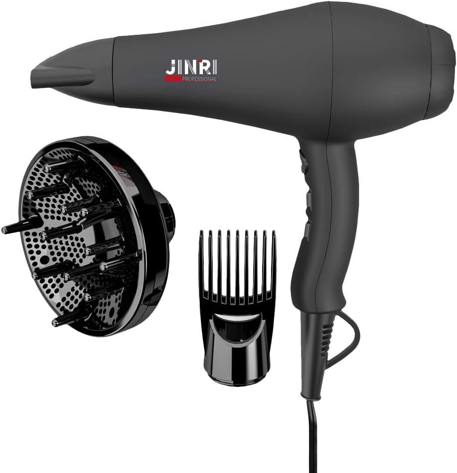 JINRI Professional Salon Hair Dryer 1875W Long Life AC Motor Negative Ionic Far Infrared Hair Dryer 2 Speeds 3 Heat Settings Cool Shot Button Hair Blow Dryer,Black