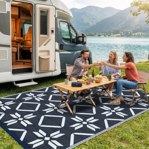 Image of Kohree Outdoor Rug, Diamond Flower, 9x12 ft, Blue | Waterproof, Reversible, Non-Slip, Foldable, Easy Cleaning and Carry for Patio, Camping, Picnic, Backyard