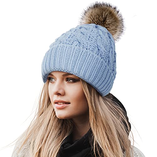 Livingston Women s Winter Soft Knitted Beanie Hat with Faux Fur Pom Pom, Light Blue