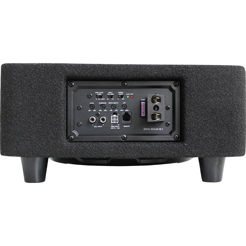 Ground Zero GZCS 25SUB-ACT Aktiv-Gehäusesubwoofer, 25 cm, 320/430 Watt, 50-150 Hz, 9-16 Volt, Downfire, Holz