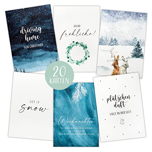 HEJ.CREATION Weihnachtskarten im Set | 20 schöne Postkarten zu Weihnachten | Sprüche und Wünsche zur Weihnachtszeit | Weihnachtliche festliche Motive Advent Christmas Karten mit Sprüchen Geschenk