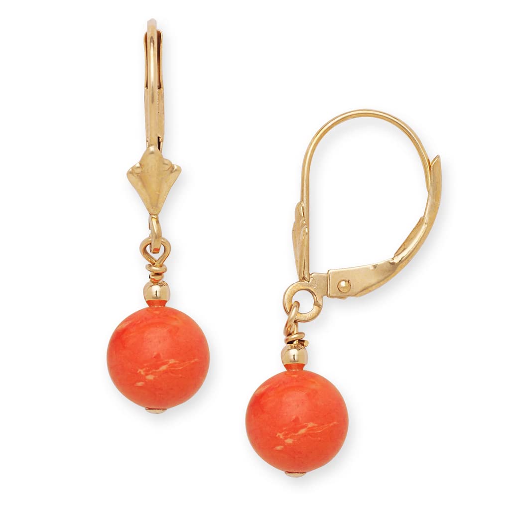 Jewelryweb Solid 14k Yellow or White Gold Simulated Coral Gemstone Lever-Back Dangling Drop Earrings (white-gold)