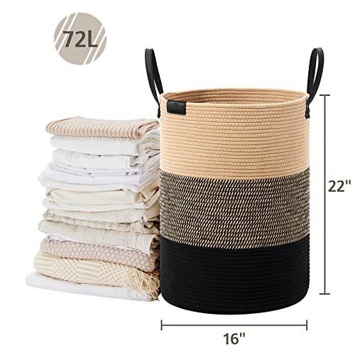 Image of VIPOSCO 72L Tall Woven Rope Laundry Hamper, Leather Handles, Brown & Black | Large Wicker Laundry Basket for Dirty Clothes, Blanket, Toy, Towel, Yoga Mat, Storage Bin in Bedroom, Bathroom, Living Room