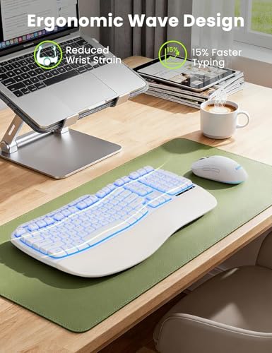 Image of SABLUTE White Wireless Keyboard and Mouse Combo, Light up Ergonomic Keyboard Set, 2.4G Full Size Ergo Wave Key Board with Cushioned Plam Rest, Silent Mouse, for Computer /Laptop /Windows /Mac