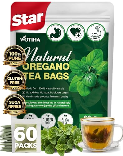 WOTIHA 60 Count Premium Oregano Tea Bags - 100% Natural Oregano Leaves Herbal, Support Digestion, Boost Immunity, Rich in Antioxidants, Caffeine-Free, Non-GMO, Vegan