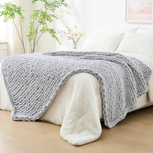 Bigacogo Chunky Knit Throw Blanket for Couch, 51x63 inches, 100% Hand Knitted with Thick Jumbo Chenille Yarn, Cozy Soft Large Rope Knot Cable Crochet Blankets for Sofa Bed Living Room, Light Grey