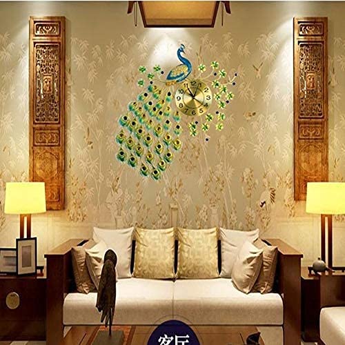 Image of RONTENO Metal 3D Peacock Big Size Analog Wall Clock For Home (Gold Blue, 32 Inches X 24 Inches) - Birds Theme
