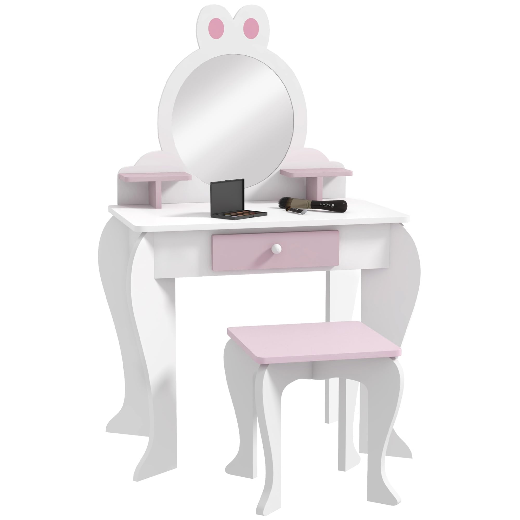 ZONEKIZ Kids Dressing Table with Mirror and Stool, Kids Vanity Table Girls  Dressing Table with Drawer, Storage Shelf, Rabbit Design, for Ages 3-6