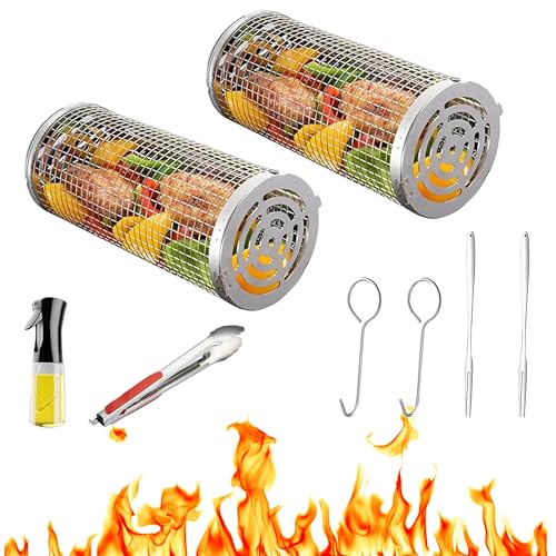 High Quality Heavy Duty Rolling Grill Basket for Outdoor, 2 PCS Cylinder Stainless Steel Round BBQ Grilling Mesh Baskets - Portable Barbecue Net Tube & Grill Accessories for Veggies, Meat, Fish - Ideal Camping Gifts for Men