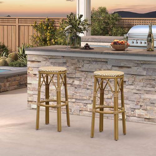 PURPLE LEAF Outdoor Round Bar Height Stool Set of 2 Patio Backless Barstools Aluminum Frame in...