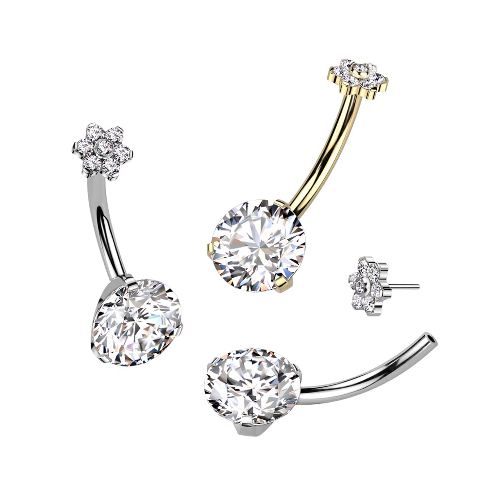 Paula & Fritz® Push-In Piercing Bauch-nabelpiercing Silber Gold Blume Zirkonia Titan-ium Grade 23 Mehrfarbig 1,6-mm Stab-Dicke Gewindelos Bananabell Nabelpiercing