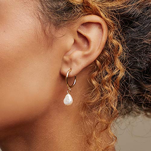 CAITLYNMINIMALIST 18K Gold Plated Sterling Silver Margot Freshwater Pearl Charm Dangle Drop Stud Hoop Earrings for Women3