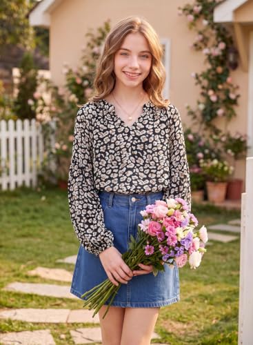 Image of blibean Girls Flower Bell Long Sleeve Blouse Fall Floral Shirts 4-15 Years