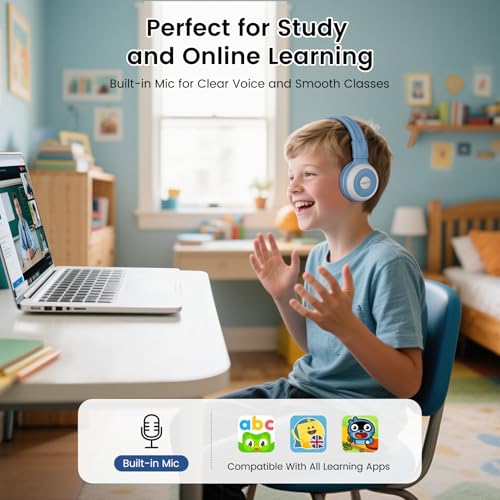 Image of SIMOLIO Manyshare Bluetooth Kids Headphones with Case & Mic for School,Blue | Broadcast Audio to 100+ Headphones at Once. Wireless Kids Headphones with Mic for School, Travel, Tablets and Group Listening