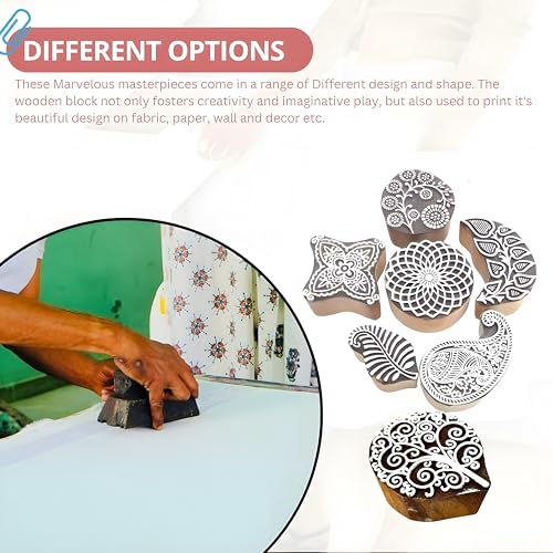 Image of RENIQ Wooden Printing Block for Fabric & DIY Craft | Handcrafted Indian Design Stamp for Textile, Pottery, Mehndi & Home Decor (Multicolor17)