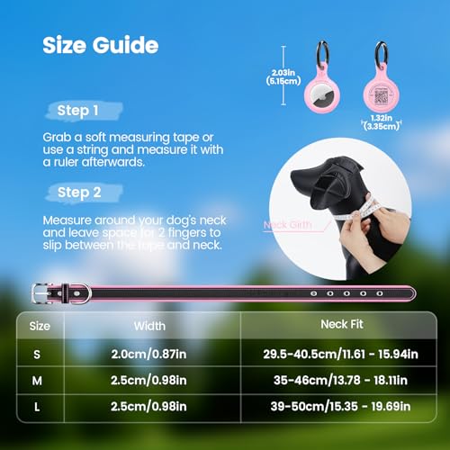 PawView Genuine Leather Dog Collar with AirTag Holder-Compatible with Airtag,Adjustable & Personalised for Small Dogs-Breathable PU Lining,Anti-Loss QR Code (S:Neck 28-42cm,Width 2cm,Pink) - Image 4