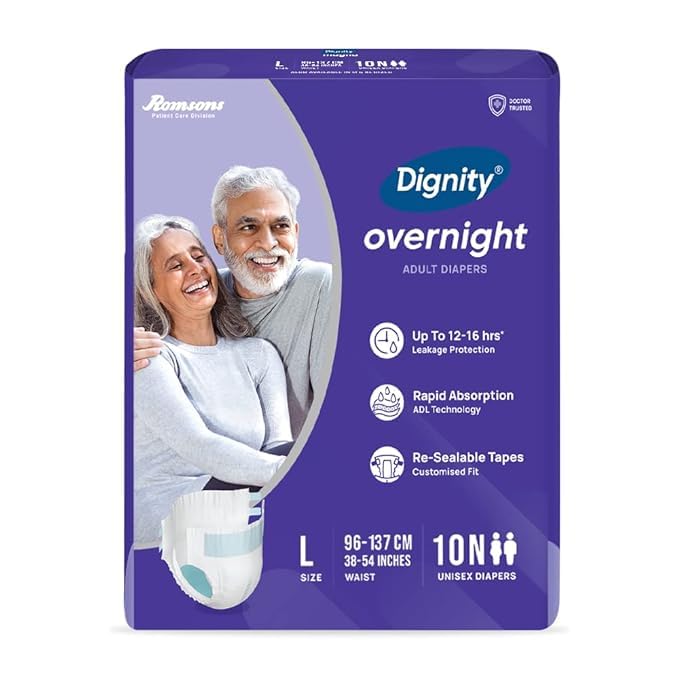 Overnight Tape Style Adult Diapers - L (10 Pieces) With Wetness Indicator and Leakage Protection Upto 12-16 Hrs.
