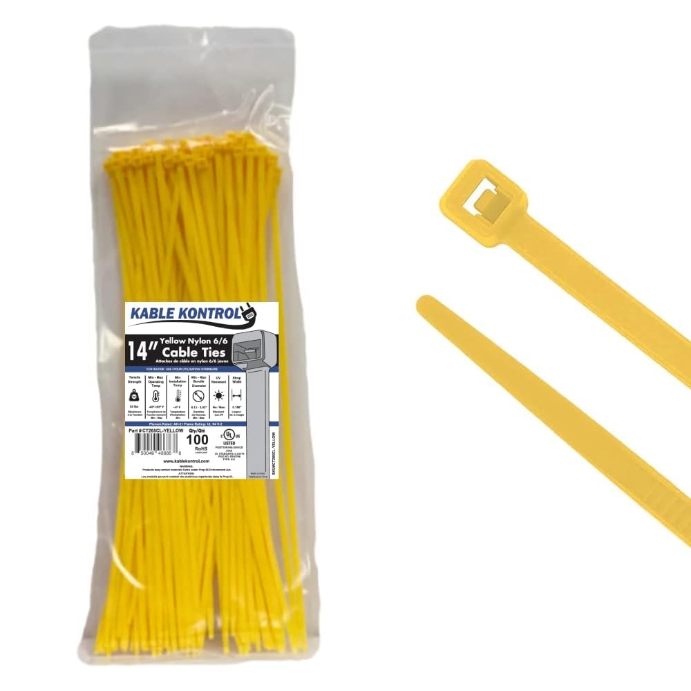 Kable Kontrol Bridas amarillas de 14 pulgadas, 100 unidades, resistencia a la tracción de 50 libras, bridas de nailon de color autobloqueante para uso en interiores o exteriores