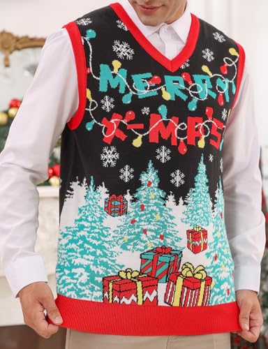 RAISEVERN Ugly Christmas Sweater Vest Mens Funny Knitted V-Neck Jumper Holiday 6