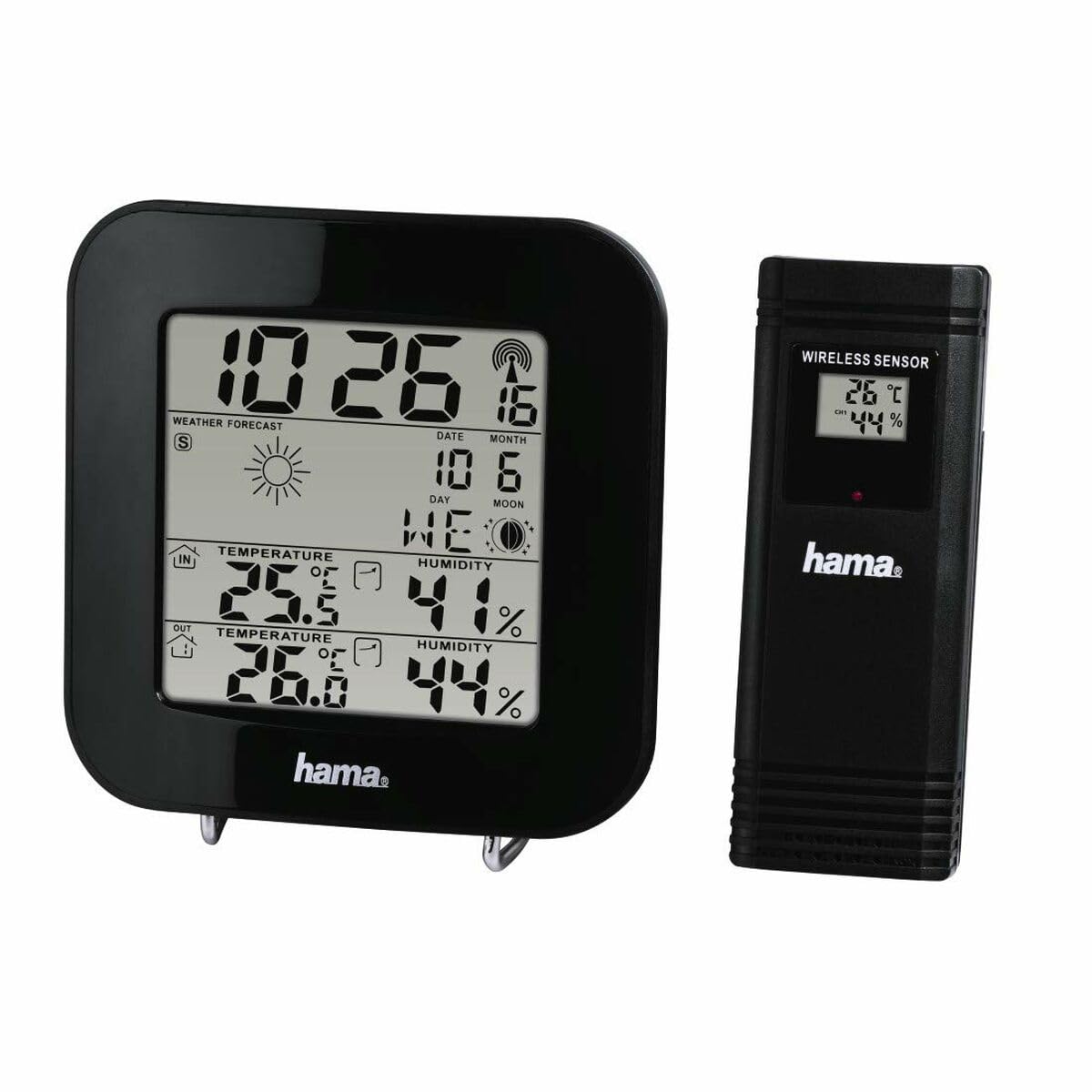 Hama Bezprzewodowa stacja pogody EWS-200 (termometr, barometr, higrometr, alarm, zewnętrzny cujnik, zasięg 30 m, niebieski wyświetlacz, wymiary 11 x 2,5 x 11cm, na baterie) czarny