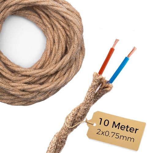 DiCUNO 10 Metros de cable textil de lino vintage, 2 conductores de 0,75mm² de cable eléctrico retro tejido flexible, Cuerda tejida industrial para colgar y proyecto de bricolaje