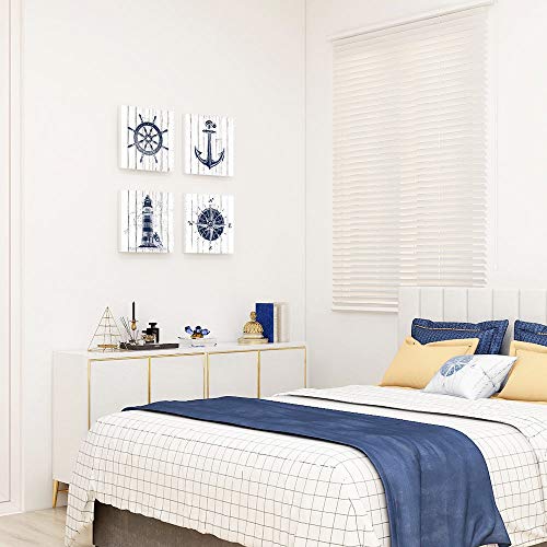 Adecuado Nautical Wall Art Beach Home Decor Boat Anchor Paintings Helm Drawing Compass Lighthouse Rustic Style Pictures Dark Blue Artwork Ready to Hang for Bathroom Living Room 12x12 Inch, 4 Panels - Image 3