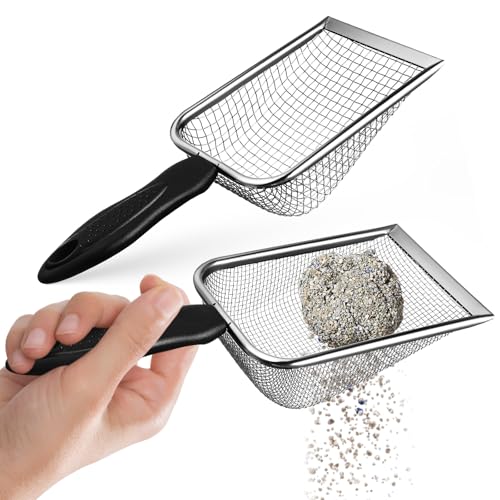2 Pcs Stainless Steel Cat Litter Scoops, Durable Metal Litter Scooper with Fine and Large Mesh, Comfortable Handle for Easy Cleaning, Pet Supplie