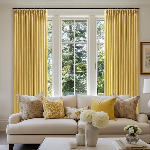 Image of Mustard Yellow Pinch Pleated Semi Sheer Linen Curtains 90 Inch for Bedroom | Living Room, Drapes, Light Filtering Privacy, Flax Textured, Hook Rings Memory Shape, Modern Boho, Golden Ochre, 90 inch Long