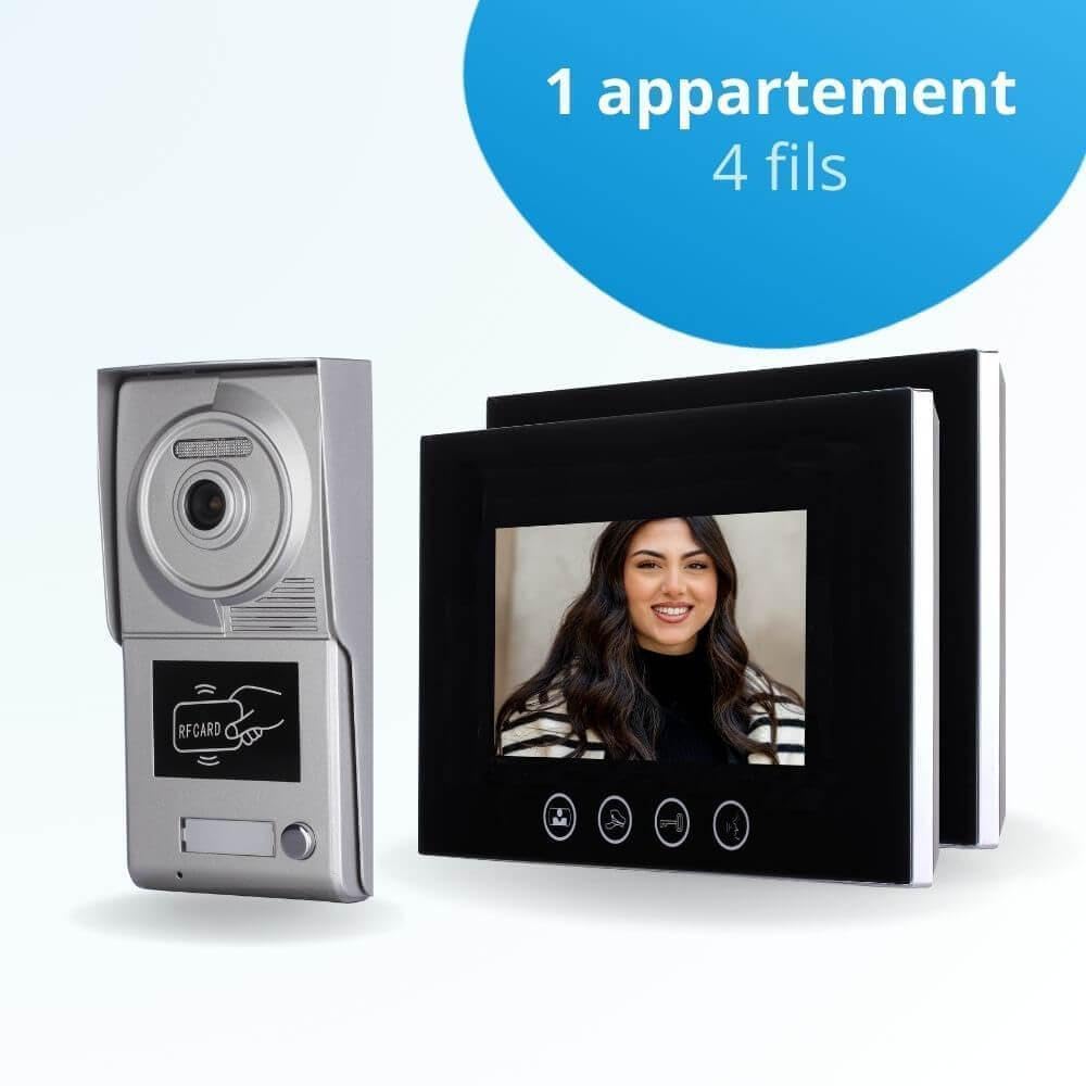 Portier interphone vidéo Classic 4 Fils - 1 Appartement - 2 écrans Noirs 7" - avec mémoire Photos - avec Lecteur de Badge
