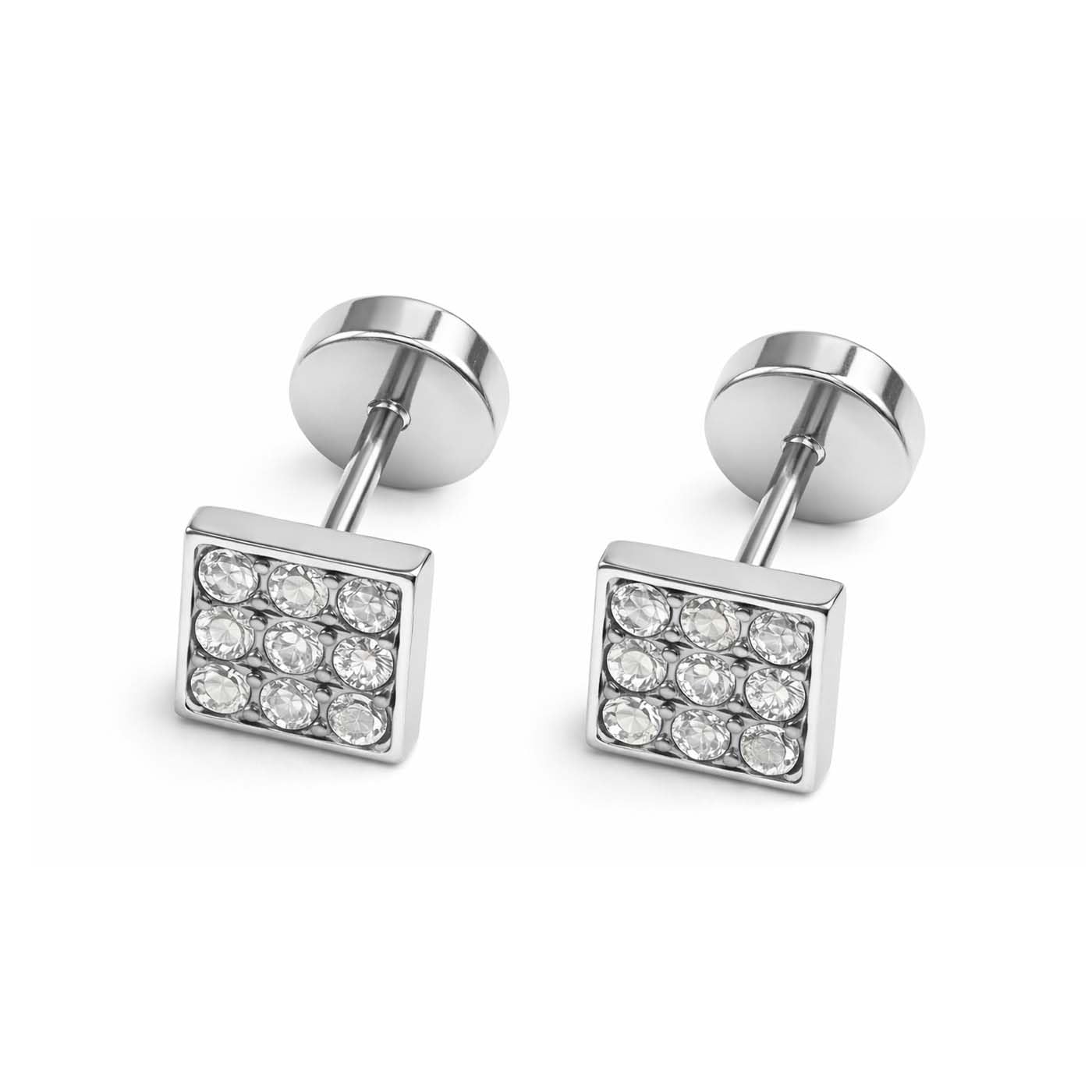 (1 Pair) Unisex Fancy & Stylish Stainless Steel Silver Glossy Finish Elegant Cubic Zirconia Square Design Dumbbell/Barbell Stud Ear Piercing Earrings for Men & Women-image-49