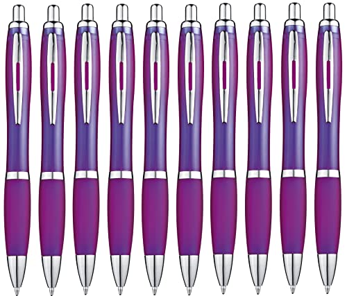 Libetui 10er Pack ergonomische Kugelschreiber Lila Kuli Blaue Mine rutschfeste Griffzone Großraumine blauschreibend Druckkugelschreiber Lila Violet