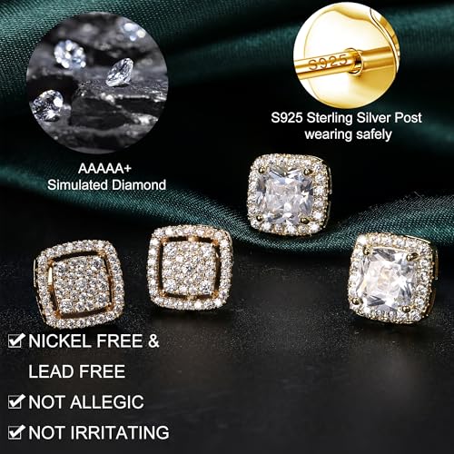 Dochais Cubic Zirconia Stud Earrings for Men Women, 14K Gold Plated Hypoallergenic 925 Sterling Silver Post Earrings Set, Iced Out Round & Square CZ Studs, Simulated Diamond Halo Earrings3