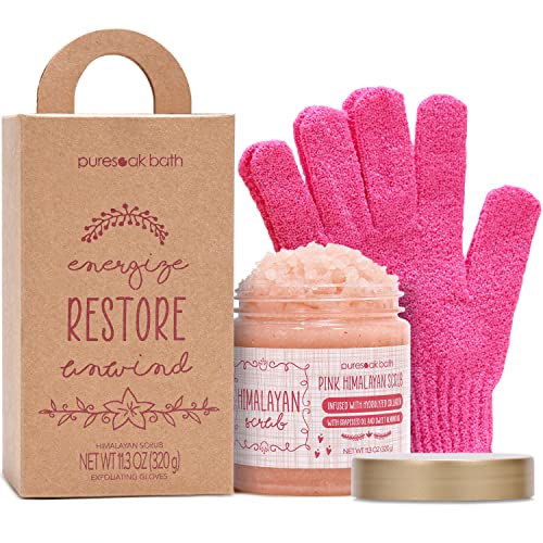Puresoak Bath Himalayan Salt Body Scrub Set Gift for Women Exfoliating&Mosturizing Scrub Skin Deep Cleaning with Exfoliating Gloves Gift Set For Women