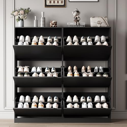 Image of Xixini Shoe Storage Cabinet for Entryway with 6 Flip Drawers, Sturdy Wood Hidden Shoe Storage, Freestanding Narrow Slim Shoe Organizer for Front Door Entrance, Living Room, Hallway, Bedroom, Black