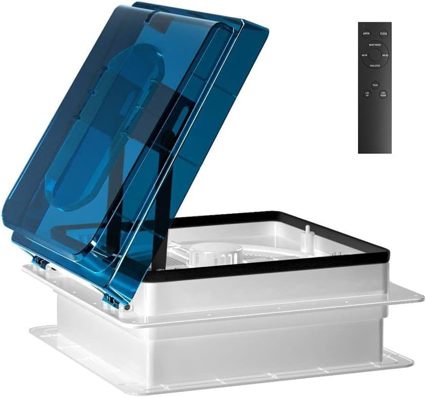 2012 Air Max 14" Vent RV Roof Vent Reversible Exhaust Fan, Ultra Low Sound RV Air Ventilation Ceiling Fan 12V Remote with Rain Sensor blue semitransparent